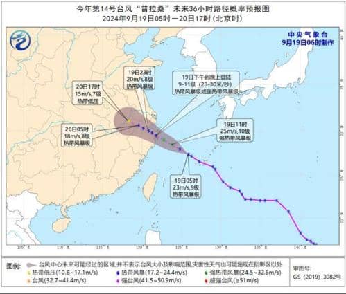 台风黄色预警：“普拉桑”将于今天下午到晚上在浙江沿海登陆